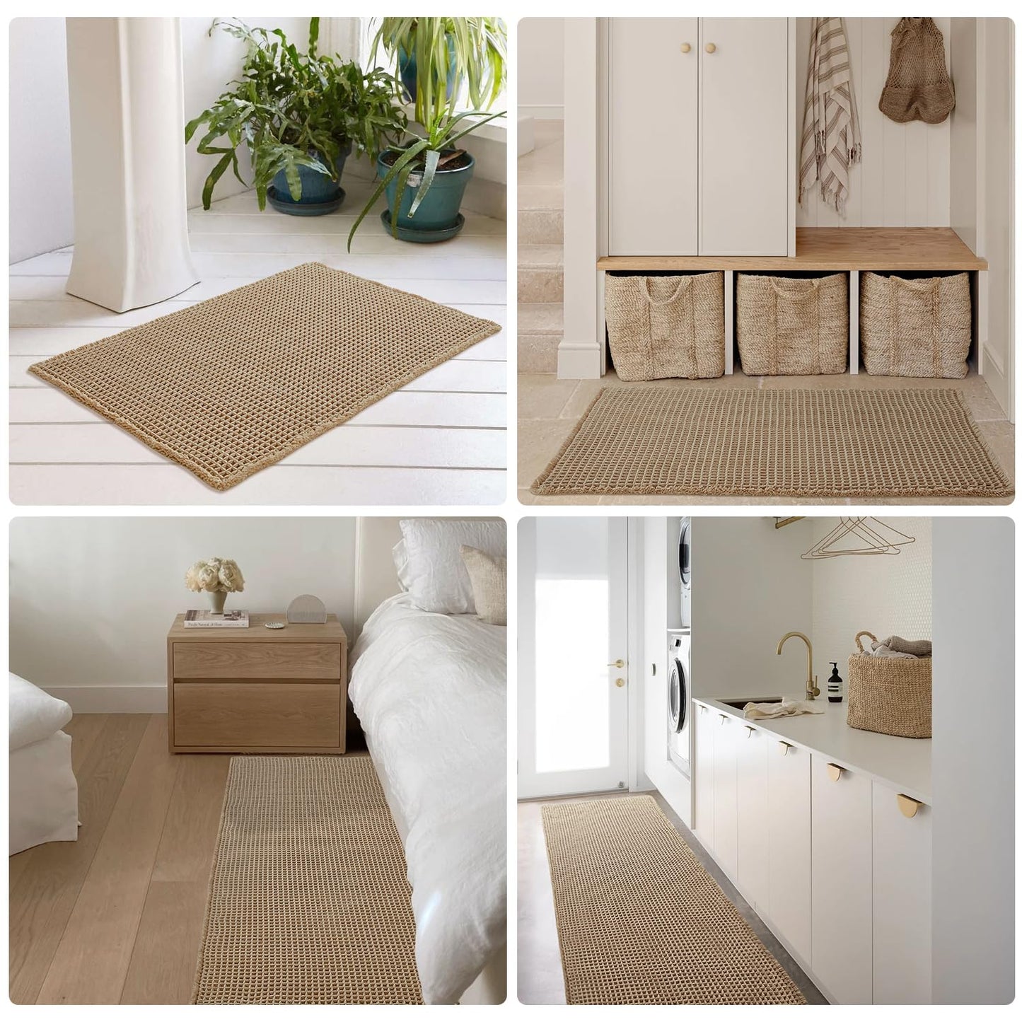 TYUU Waffle Bath Mat, Boho Bathroom Rugs Non Slip Washable Super Absorbent Quick Dry Farmhouse Bathroom Decor, 30"x20" Khaki