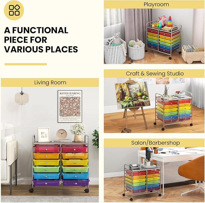 Giantex 12 Drawers Rolling Cart, Mobile Storage Drawer Cart, Classroom Organizer Cart for Office School Supplies Tools Scrapbook Paper Craft Small Printer, Utility Cart on Wheels, Rainbow