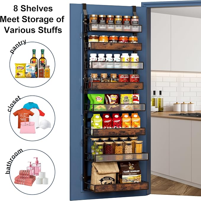 8 Tier Pantry Door Organizer Spice Rack, 2-IN-1 Wall Mount or Hanging Over Door Seasoning Organizer with Adjustable Baskets, Heavy Duty Behind Door Storage Shelves for Pantry, Cabinet and Kitchen