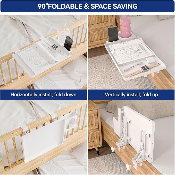 Metal Bedside Shelf Table Tray with Cup Holder, Foldable Bed Side Table for Bunk Bed & Top Bunk, College Dorm Room Essentials for Guys & Girls, Clip-on Laptop Nightstand for IKEA Beds, White