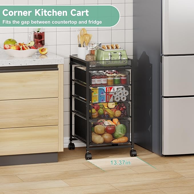 keomaisyto 5-Tier Kitchen Storage Cart with Top Basket & Drawers, Fruit and Vegetable Storage Rack on Wheels, Metal Rolling Cart with Drawers & Kitchen Organization for Snacks, Potatoes, Onions, Cans