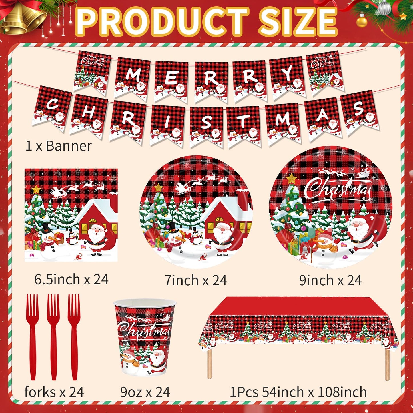 AWLZJZQA 122 PCS Christmas Party Supplies Serve 24 Guests Merry Christmas Plates and Napkins Party Decorations Disposable Dinnerware Decor Snowman Santa Claus Red Grid