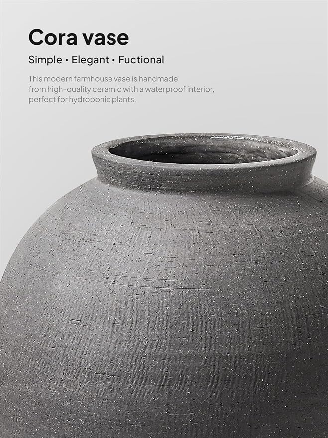 Ceramic Rustic Vase, 10.8 Inch Farmhouse Minimalist Tall Flower Vase for Table, Living Room, Home Decor, Bathroom, Holiday, Wedding, Set of 1,Sandstone Dark Grey