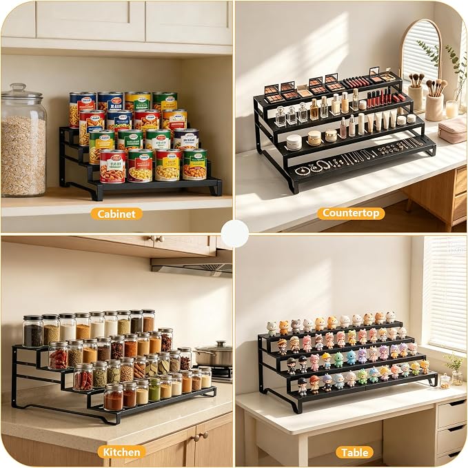 Attelite 4 Tier Expandable Can Rack Organizer for Pantry, Adjustable 13"-21" Metal Soda Can Organizer, Pantry Organization Canned Food Storage Holder for Kitchen Cabinet Countertop, Black 2Pack