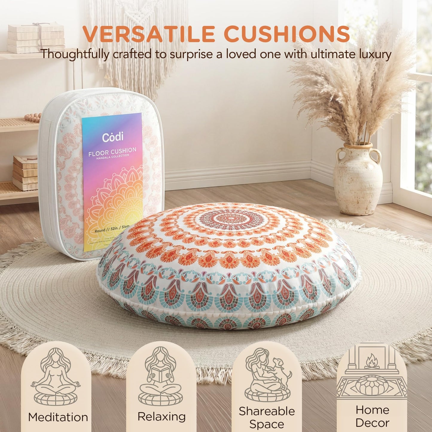 Codi Floor Pillows for Adults Set of 2, Large Boho Meditation Cushions with Memory Foam, Round Mandala Seating for Outdoor Yoga and Living Room, Washable, 32 Inch, Coral