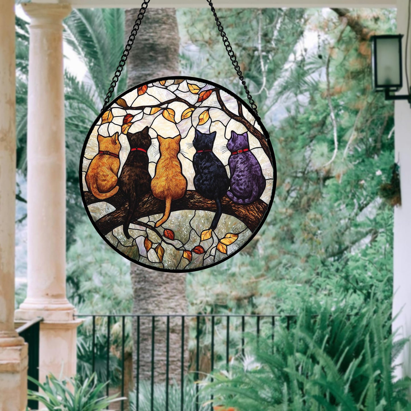DASTOLL Stained Glass Window Hanging - 5 Cats on a Branch Suncatcher for Window Doors Home Decoration and Christmas, Mother's Day Father's Day Birthday Gifts for Women, Men, and Mom 9.8x9.8 in