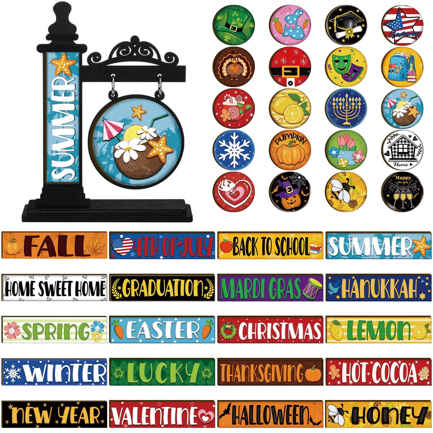 RattanView 41 Pcs Interchangeable Seasonal Decor Mini Standing Sign Farmhouse Convertible Holiday Wood Welcome Sign for Summer 4th of July World Bee Day Table Decor(Black)