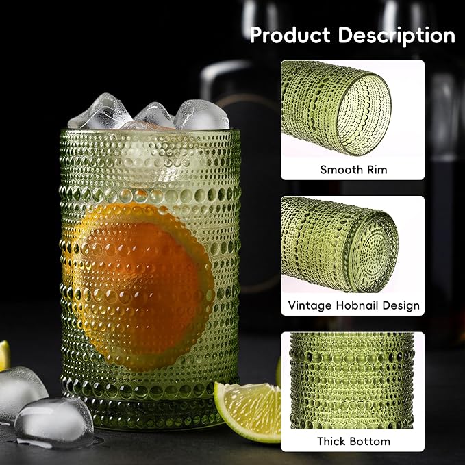 Moretoes Hobnail Drinking Glasses Set of 6, 12 Oz Highball Glasses & 10 Oz Cocktail Glasses, Clear Embossed Boho Glass Cups Kitchen Bar Tumbler Glassware Set for Whiskey, Beer, Juice, Milk (Green)