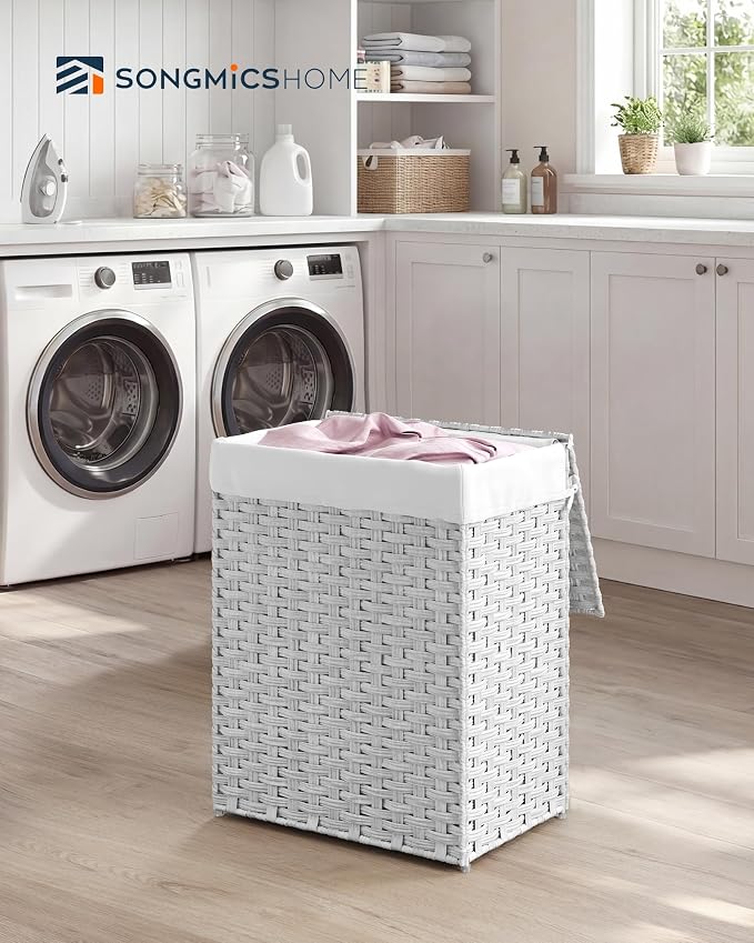 SONGMICS HOME Laundry Hamper with Lid, Clothes Basket with Removable Liner and Handles, 23.8 Gallon, Foldable Narrow Laundry Organizer for Bathroom, Bedroom, White
