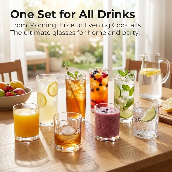 Plastic Drinking Glasses Set of 8, 14oz Rocks & 20oz Water Cups, Unbreakable Plastic Glasses Drinkware, Clear Kitchen Tumblers for Home & Outdoors, Reusable , BPA-Free, Top-Rack Dishwasher Safe