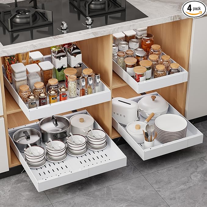OneDream 4 Pack Pull Out Cabinet Organizer, 21" Deep Slide Out Drawers for Kitchen Cabinets, No Drill Adhesive Pull Out Drawers for Cabinets, Roll Out Shelves Adjustable Width 12.05"-20.4"