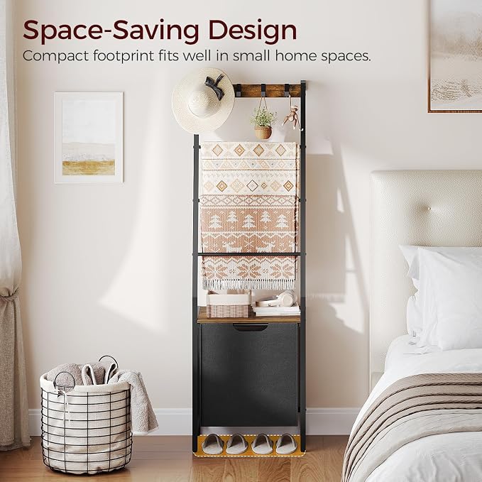 MAHANCRIS Blanket Ladder, 4-Tier Towel Rack with Pull-Out Laundry Basket & Removable Hooks, Ladder Shelf Stand, Wall-Leaning Blanket Rack for Living Room, Bedroom, Rustic Brown and Black TRHR4401