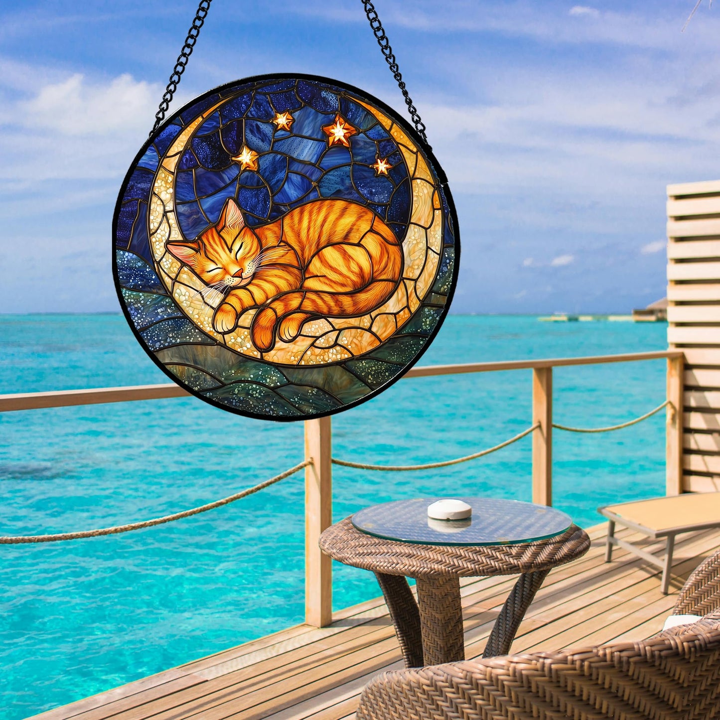 AMDERVEN Stained Glass Window Hanging - Orange Moon Sleeping Cat Sun Catcher for Door Home Decor Blue Starry Sky Suncatcher Christmas Mother's Day Birthday Gifts for Women Men Mom Nana 6.3 in