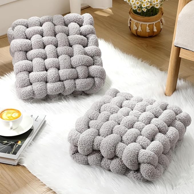 Wenqik 2 Pcs Knot Pillows Square Knotted Plush Throws Soft Accent Pillows Decoration Cushion for Couch Home Office Living Room Bedroom Bed Sofa Decor, 12'' x 13''(Light Gray,Lambswool)
