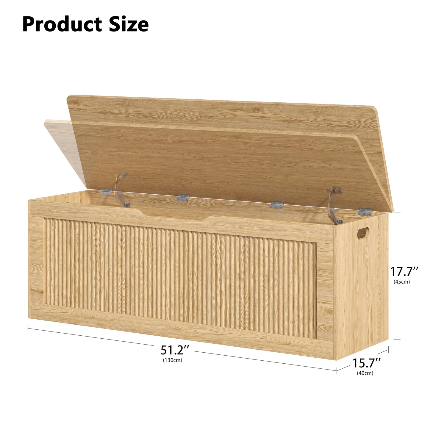 Akxomel Extra Large Fluted Storage Chest, 51.2" Storage Bench with 2 Safety Hinges, Shoe Bench, Wooden Box Bench, Long Storage Trunk with Lift Top, for Bedroom, Living Room, Entryway, Natural Oak