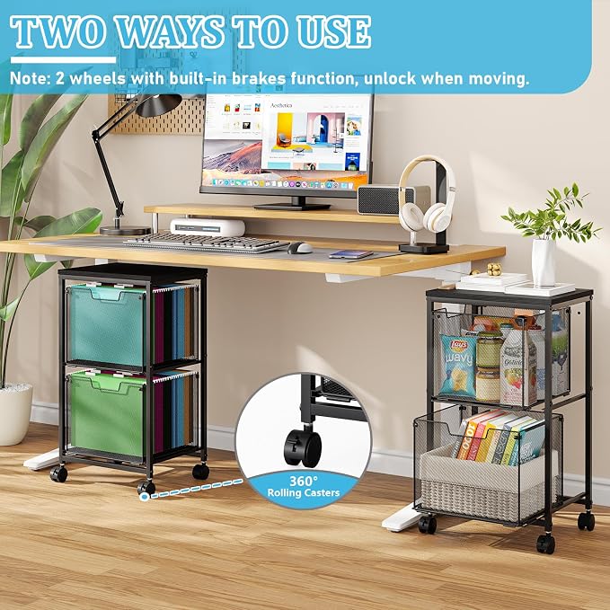 Sbanmao Rolling File Cart with 2 Storage Drawers, Mobile File Cabinet with Wheels, Hanging File Folder Organizer, Under Desk Storage, Printer Stand Utility Cart Filing Cabinet for Home Office,Black