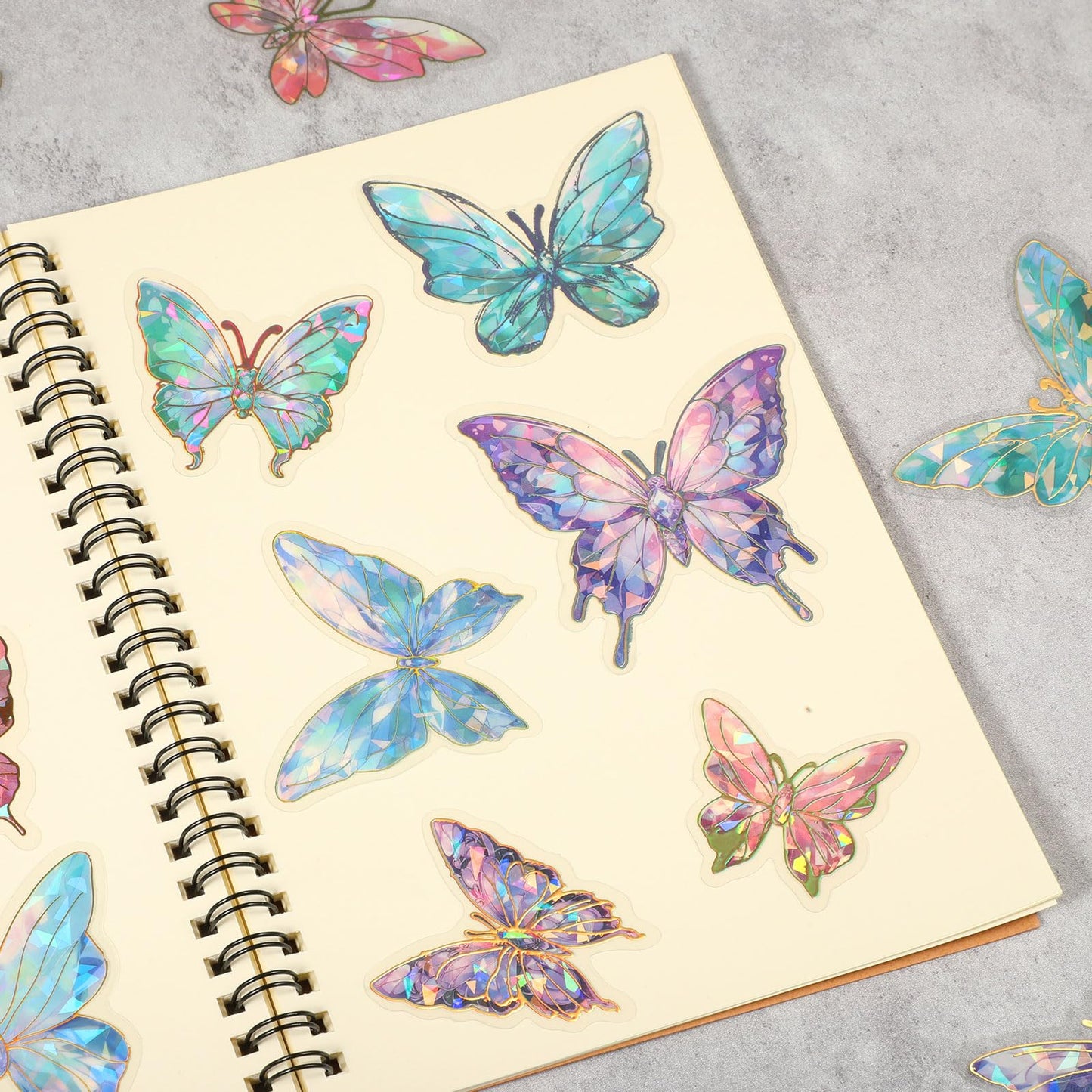 80pcs Holographic Glitter Butterfly Stickers Phone Butterfly Stickers Set, Blue Green Pink Purple Sparkly Crystals Clear Resin Waterproof Stickers Decals for Scrapbooking Journaling Water Bottles