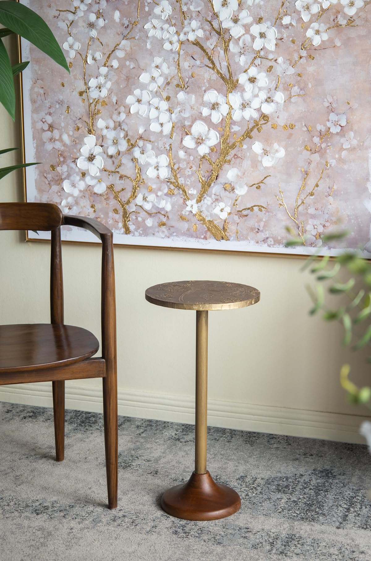 Penau Slender Brass Side Table, Textured Gold Metal Top with Wooden Pedestal Base, Round Accent End Table for Living Room, 11.8 x 11.8 x 24 Inchs, Gold and Brown