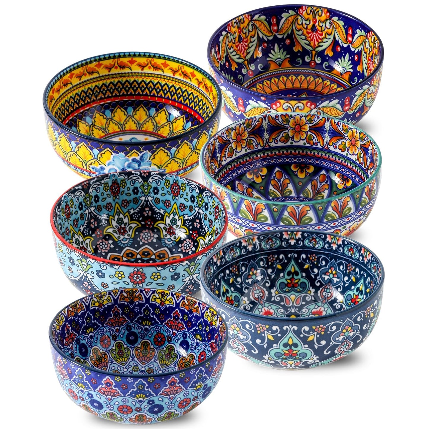 glowworm Cereal Bowls, 26 Oz Ceramic Soup Bowl Set of 6, Colorful Bowl for Kitchen Cooking, Ideal for Rice Oatmeal Fruit Ice Cream Dessert, Dishwasher & Microwave Safe, Bohemian