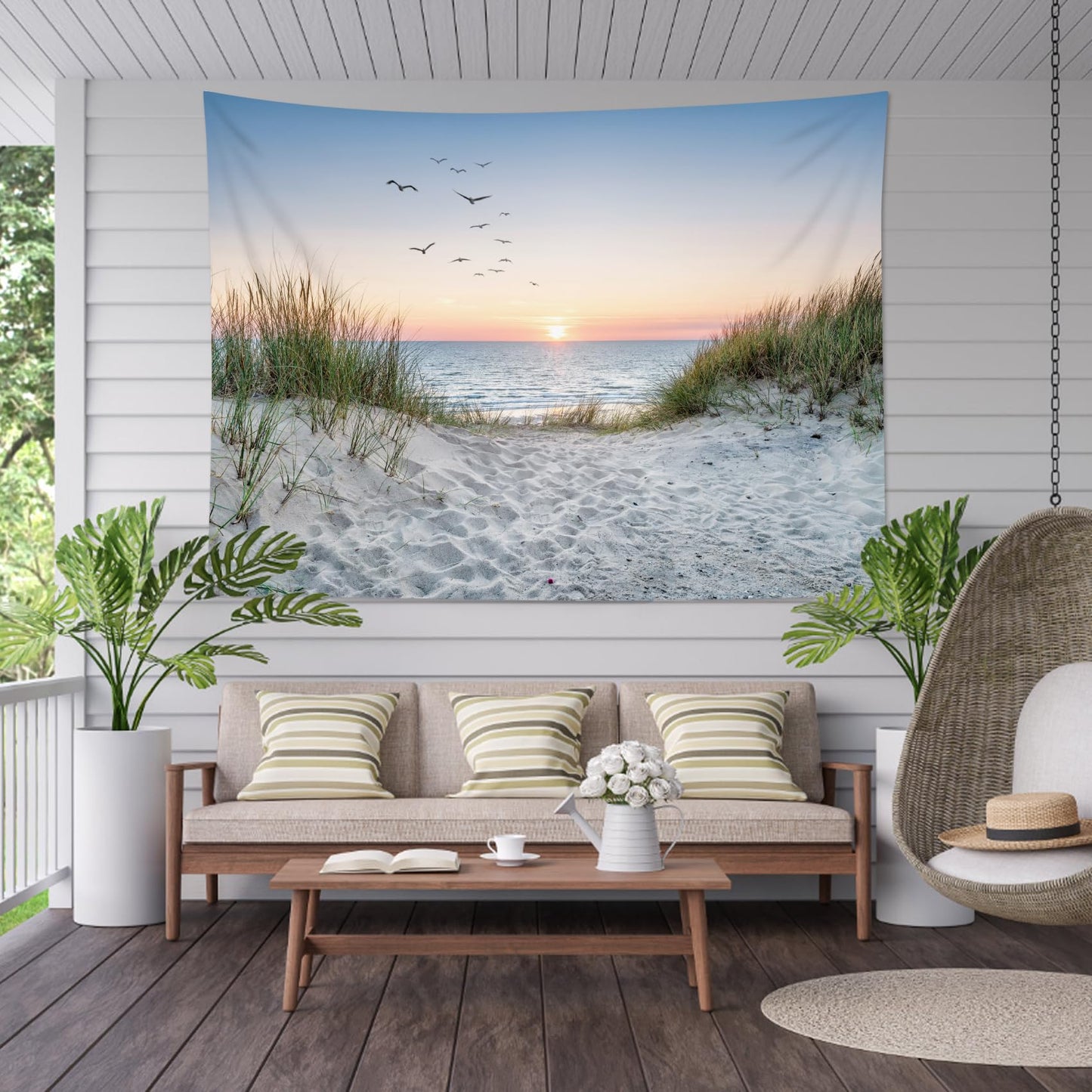 HVEST Ocean Beach Tapestry Wall Hanging, Sunset Seabird and Beach with Grass Wall Tapestry Natural Landscape Tapestries for Bedroom Living Room Dorm Decoration, 60x40 Inches