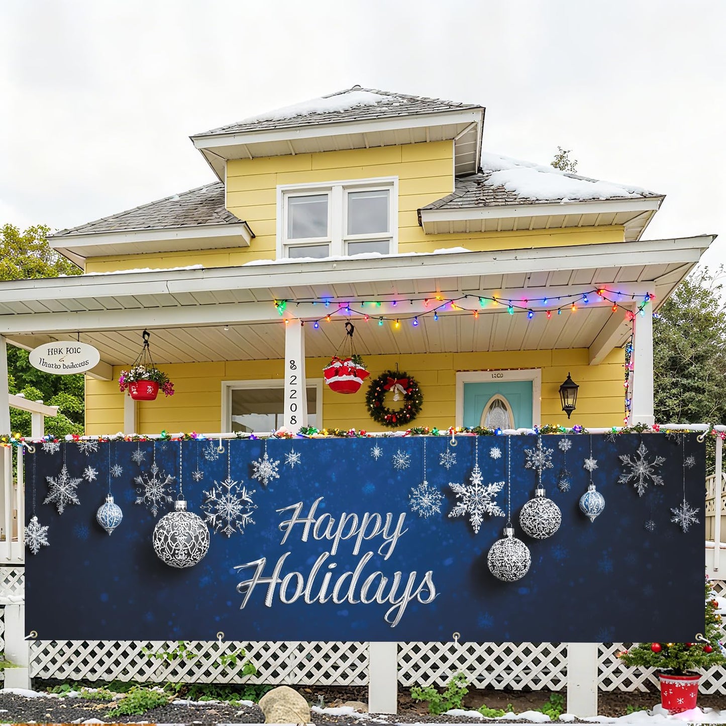 Happy Holiday swith Snowflakes and Ornaments Banner 10x3 Ft - Outdoor Christmas Decor with Interactive Illusion of Santa Emerging, Fun Holiday Display