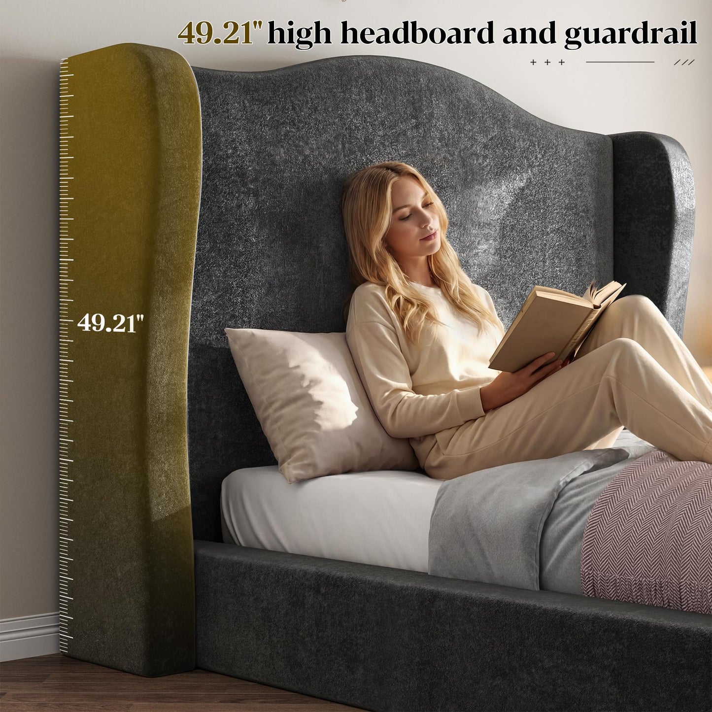 Homkdom Cloud Bed Frame Queen Size, Upholstered Platform Bed with Extra High Wingback Headboard, Shimmering Fabric & Thick Corduroy Design for Stability, No Box Spring Needed, Easy Assembly, Black