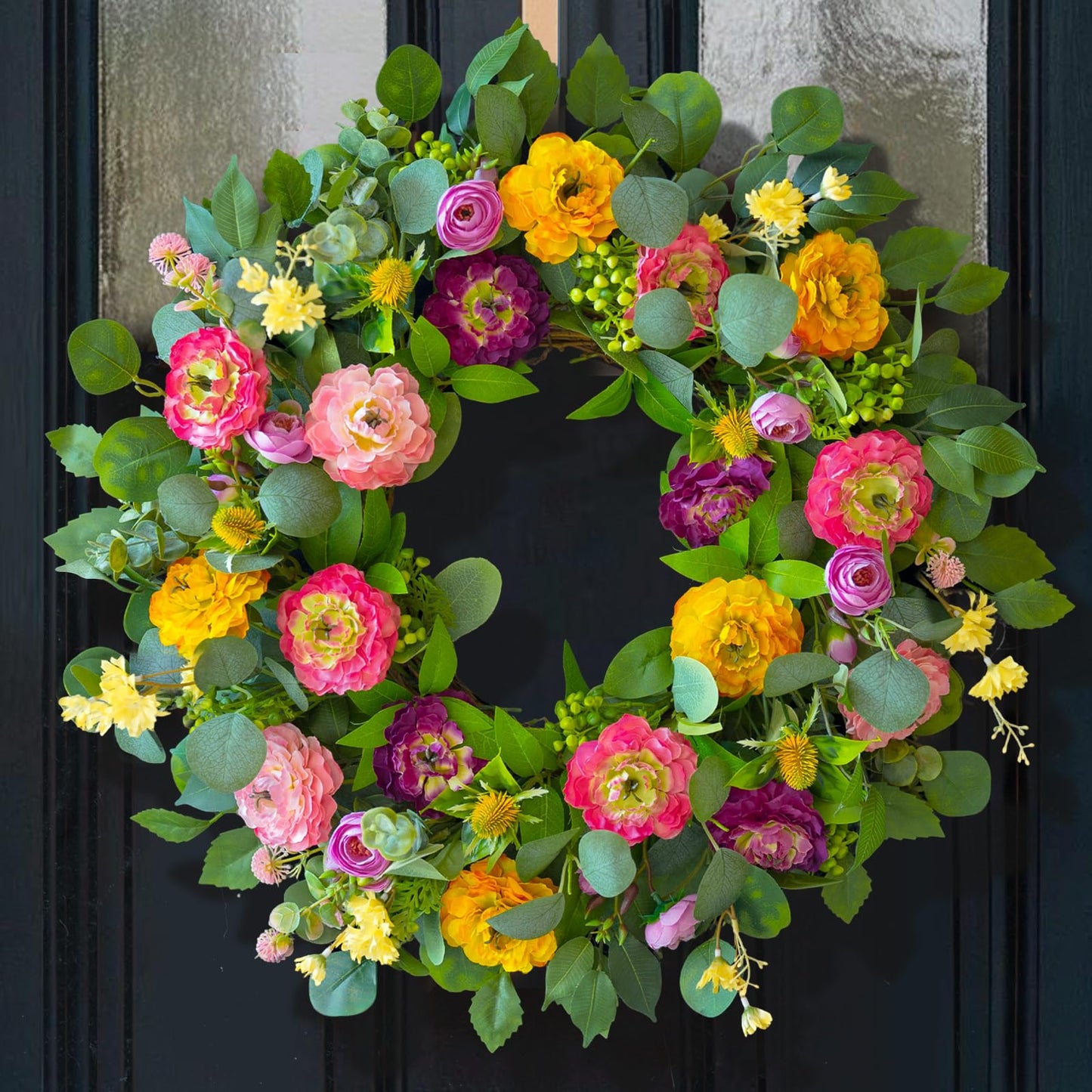 CHvista Spring Wreaths for Front Door 24 Inch Outdoor Spring Wreath with Peony Rose Ranunculus & Eucalyptus,Handmade Silk Summer Wreaths for Front Door,Spring Door Wreath for Porch Home Wall Window