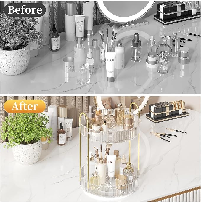 Rotating Makeup Organizer Countertop,Skincare Organizers,Spinning Perfume Tray Stand,Makeup Storage Organizer for Vanity,Bathroom Organizer and Storage,Lazy Susan,2 Tier,Clear