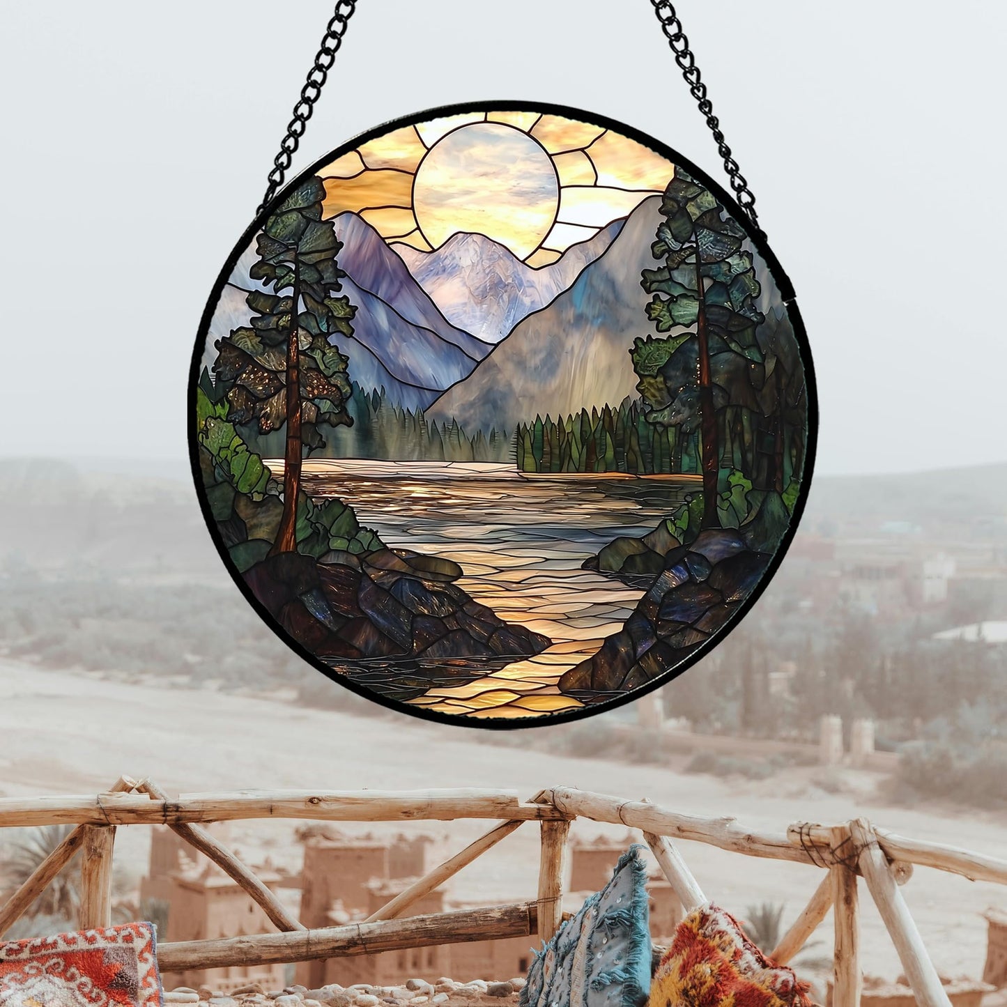 AMDERVEN Stained Glass Window Hanging, Sunset Mountains Lake Tree Sun Catcher for Window Home Decor Landscape Suncatcher Mother's Day Birthday Gifts for Women Men Mom and Nana 7.8 in