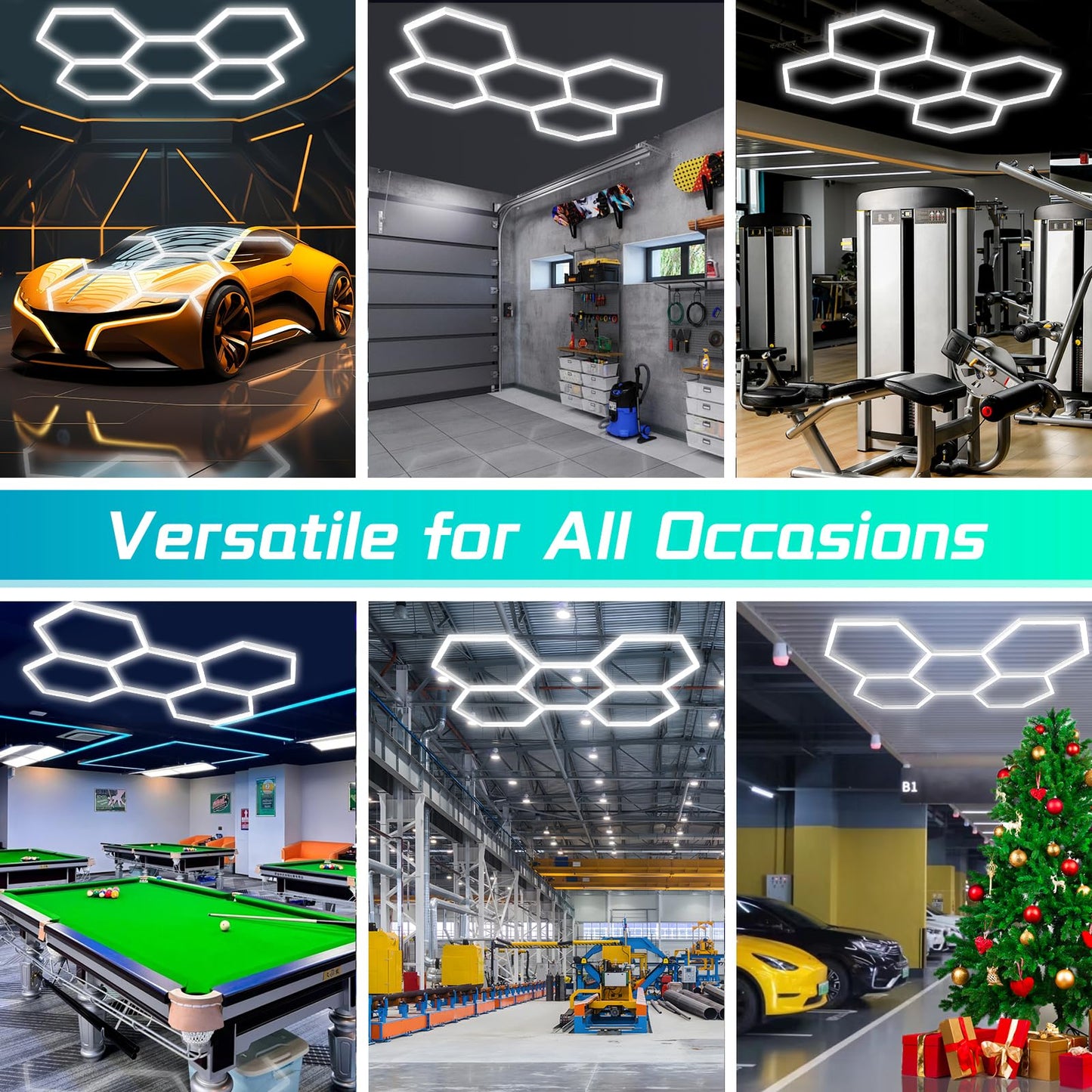 BESTECCT Hexagon Garage Lights,192W 21000LM,5 Grids Hexagon Led Light,7000K Honeycomb Lights for Garage,malls,Basement,Gym