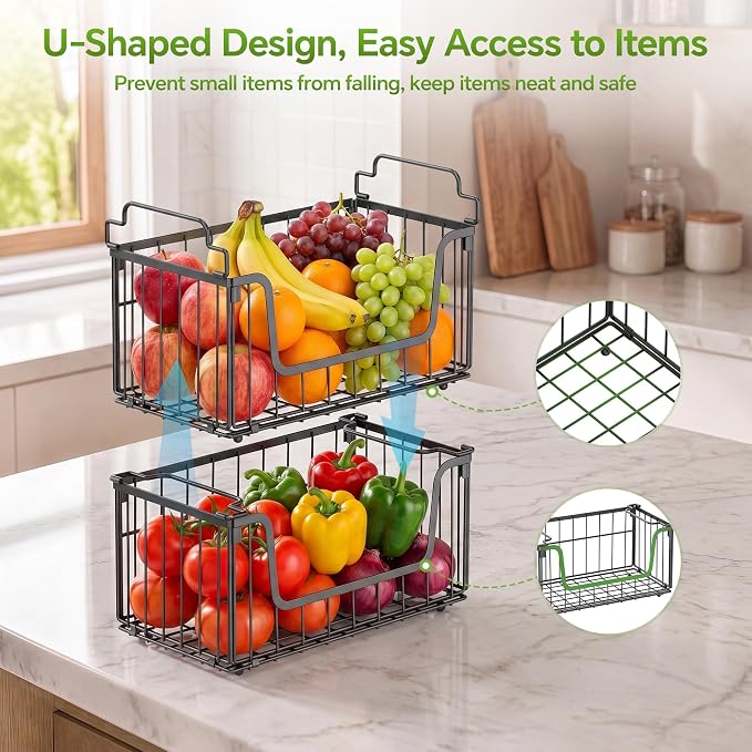 MSERCUOR 4 Pack Foldable Wire Basket for Pantry Organizers and Storage, Stackable Vegetable Fruit Basket for Kitchen Counter, Black Potato and Onion Storage Bin