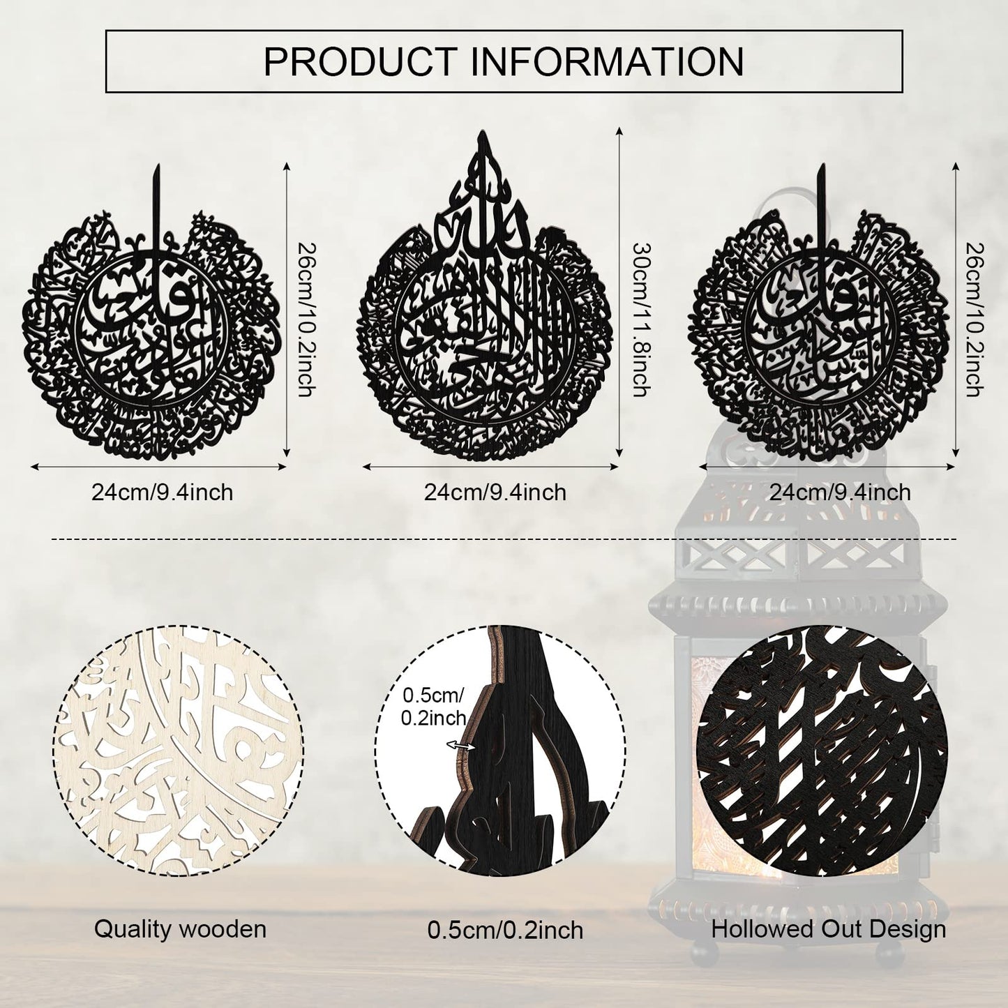 Yookeer 3 Pieces Islamic Wall Decor Muslim Gift Islamic Wall Art for Living Room Calligraphy Indoor Wooden Muslim Decor for Home Bedroom(Black)