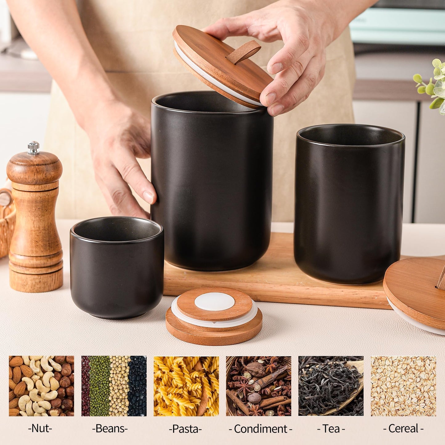 CoorFormer Black Ceramic Canister Set with Bamboo Lids, 3-Piece Airtight Food Storage Jars for Kitchen - Flour, Sugar, Coffee, Tea, Spice - Small, Medium, Large Sizes