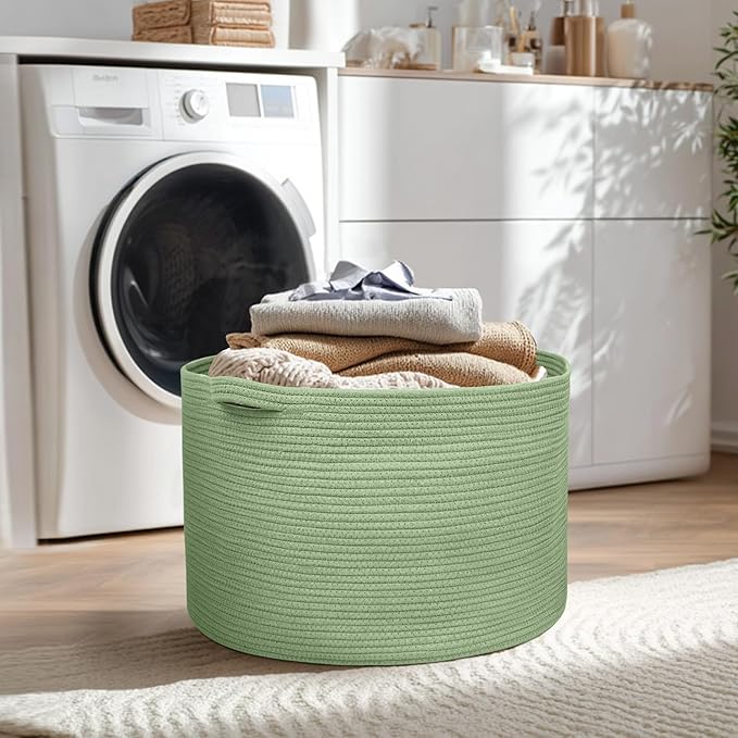 MEGASKET 115L Oversized Green Basket, 23.6"x15.7" Woven Cotton Rope Bin for Blankets, Nursery Wicker Laundry Hamper, Kids Toy Storage Bin, Sage Green Living Room Bedroom Decor Baskets for Organizing