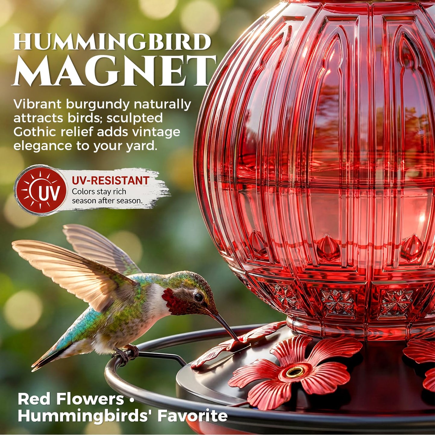 Glass Hummingbird Feeder for Outdoors Hanging, 26Oz Bird Nectar Feeder with Perch & 5 Flower Feeding Ports, Leak Proof for Outside Garden Decor Backyard, Gifts for Women Mom, Red