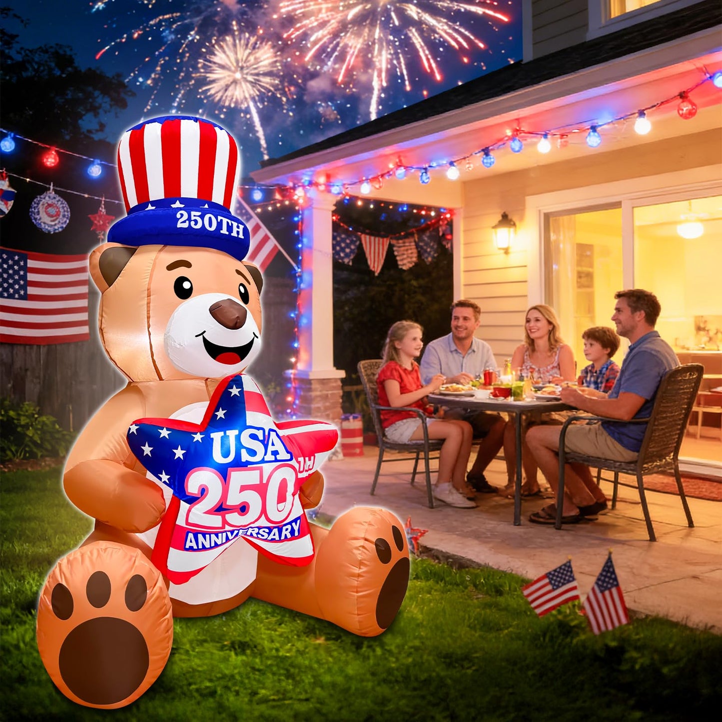 4 Ft Inflatable Uncle Sam Bear with USA 250th Anniversary Star Build-in LED Lights Blow up 4th of July Outdoor Decorations for Home Yard Lawn Garden Independence Day Memorial Day Decor