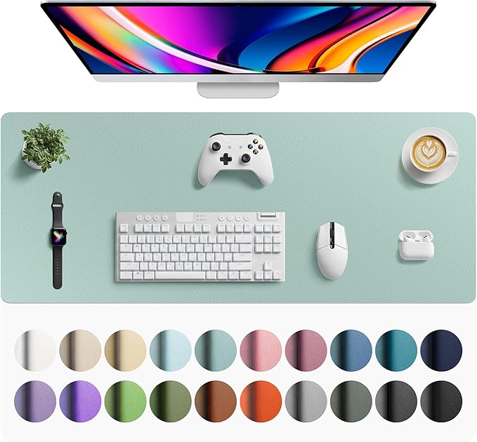 Aothia Faux Leather Desk Mat - Large Mouse Pad, Non-Slip PU Leather Blotter, Waterproof Writing Surface for Office and Home (Light Blue, 42" x 17")