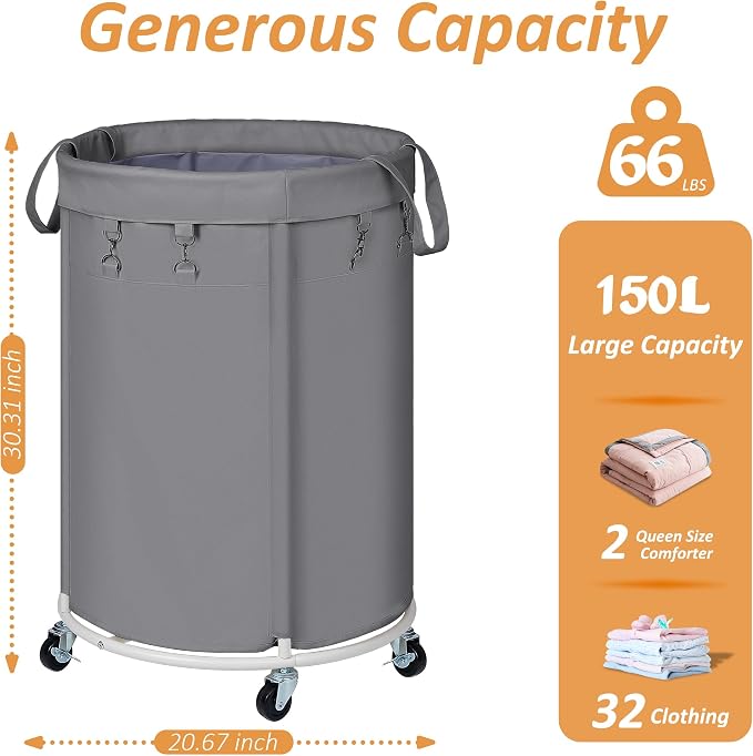 150L Large Capacity Rolling Laundry Basket Hamper with Wheels, Clothes hamper and Removable Bag for Home, Laundry Room, Bedroom, Bathroom, Apartment, Dorm