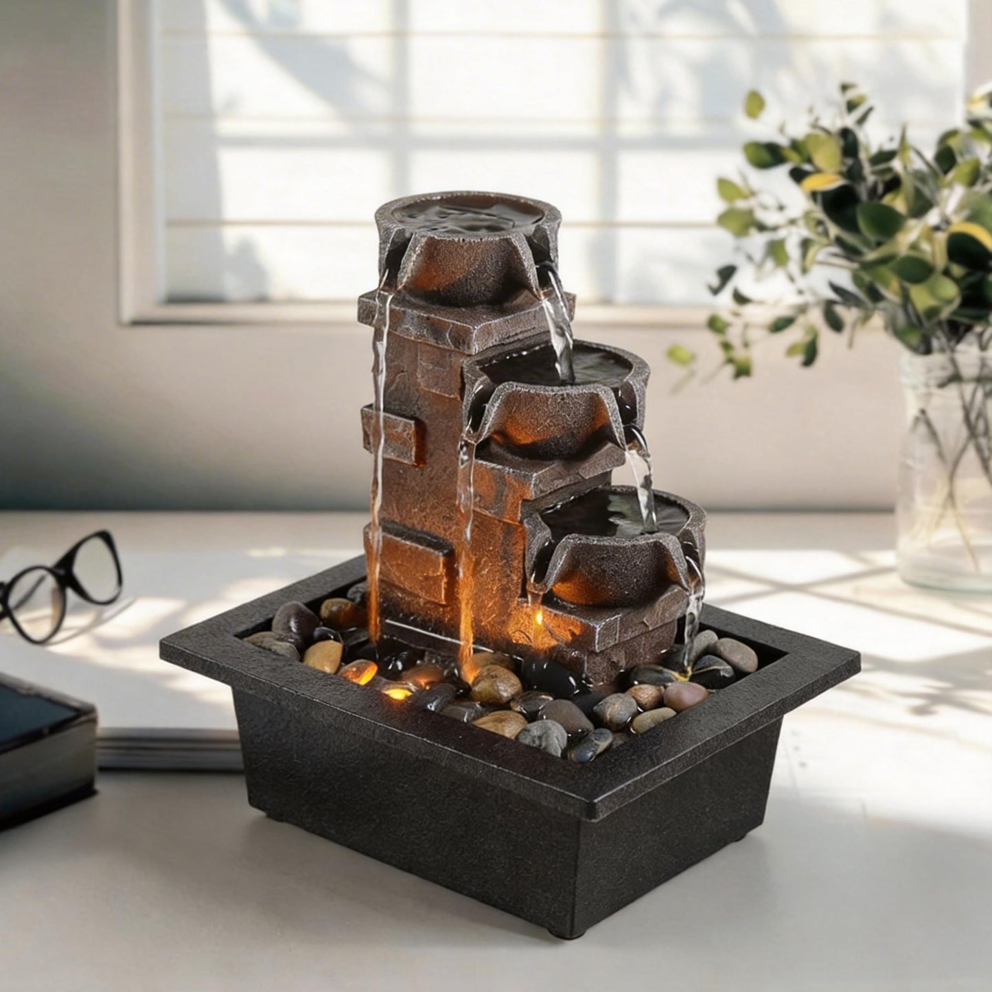 GOSSI Home Décor Imitation 3-Tier Stone Wall Tabletop Fountain Many Natural River Rock Office Relaxing Desktop Zen Waterfall Meditation Tabletop Fountain LED Lights Fountain Christmas Decorations