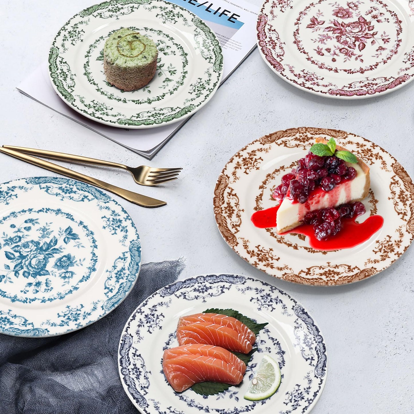 HomeElves Dinner Plates, Ceramic Plates Set of 6, Kitchen Plates Microwave Safe, White Plate Dessert Blue Floral Plate Porcelain (Blue Rose, 10.5 inch)