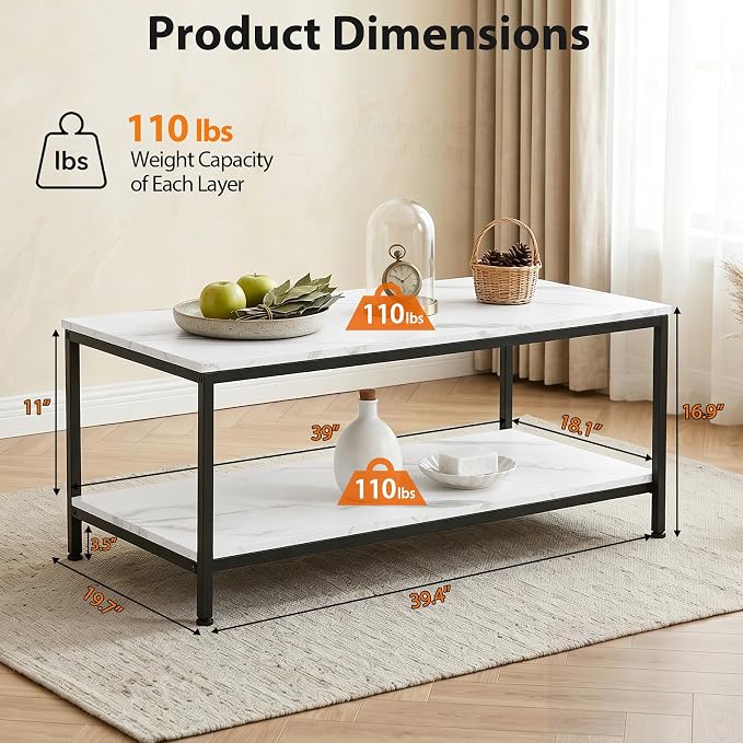 SUPER DEAL 2-Tier Coffee Table with Storage Shelf for Small Apartment Living Room, Rectangle Wood and Stable Metal TV Stand Side End Table, White Marble