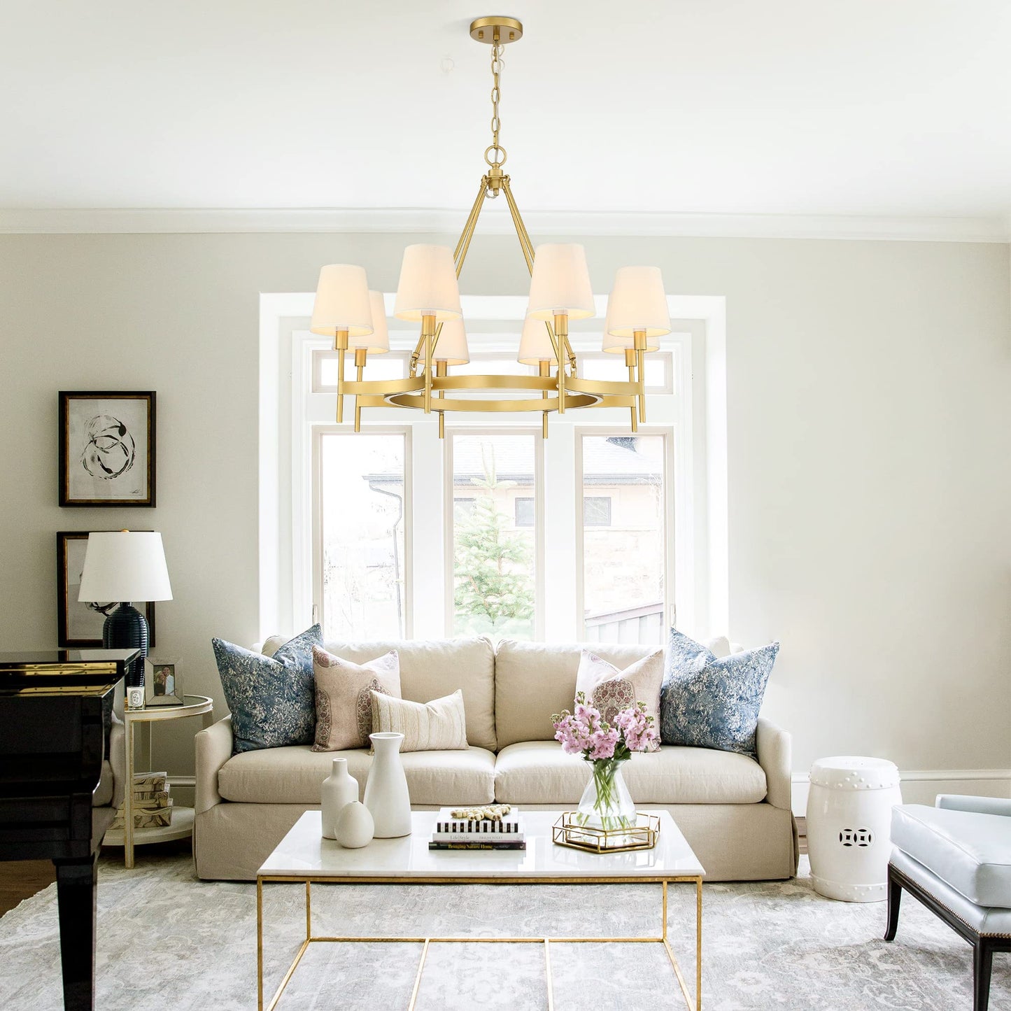Untrammelife 8 Lights Gold Wagon Wheel Drum Chandelier, 30" Large Round Pendant Lighting Fixture with White Shade for Dining Room Living Room Bedroom Kitchen Island