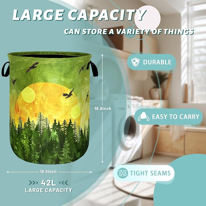 Watercolor Sunset Laundry Basket Foldable Forest Laundry Hamper Oxford Cloth Colorful Tote Bag Clothes Toy Storage Bucket For Bathroom/Laundry Storage/Bedroom 18.9 x 16.5 Inch