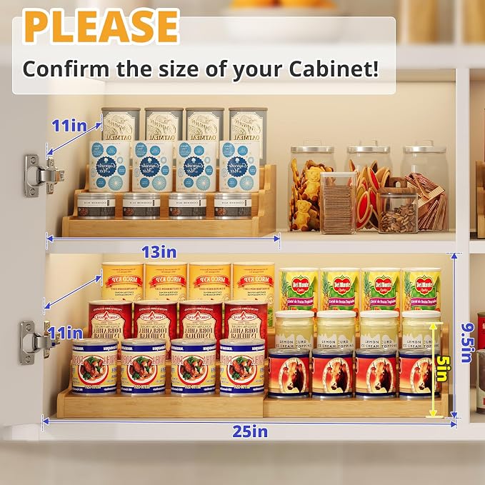 Expandable Bamboo Can Storage Display for Pantry, Easy-Access 3-Tier Adjustable Can Organizer Shelf for Cabinets, Canned Goods & Food Storage, Soda Can Organizer Holds Up to 24 Cans (Patent Pending)