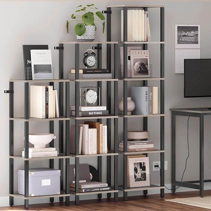 TUTOTAK Bookshelf, 4-Tier Tall Book Shelf, Narrow Bookcase for Small Space, DIY Stackable Bookshelf, for Living Room, Office, Study, Entryway, Industrial, Greige and Black BS01BG004