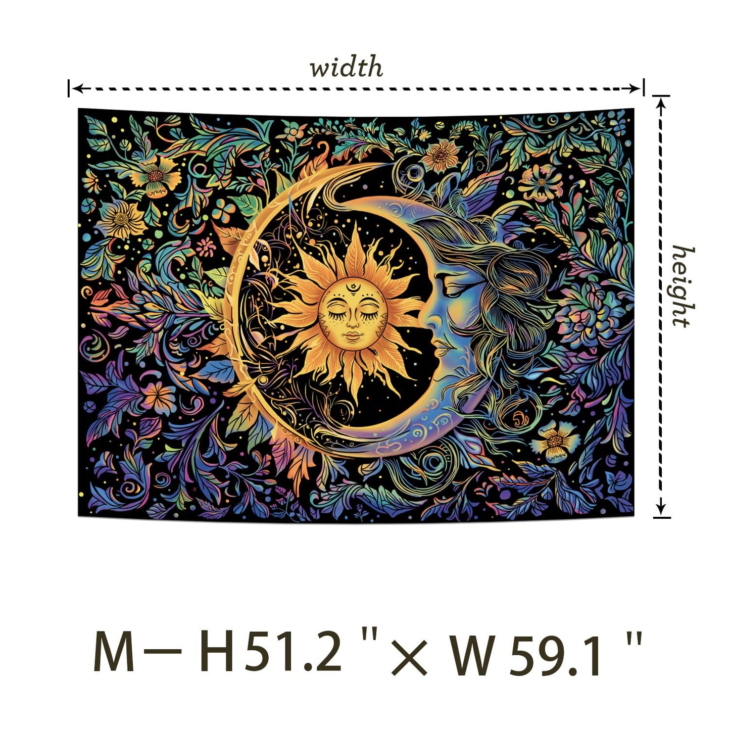 Sun and Moon Tapestry Psychedelic Mystic Floral Tapestry Hippie Boho Flower Plants Wall Tapestries Vintage Aesthetic Tapestries Wall Hanging for Bedroom