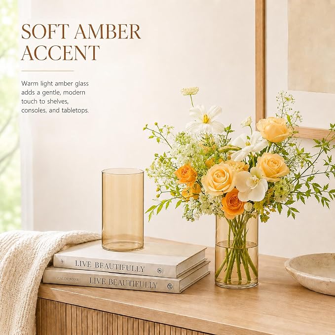 TBWIND 12pcs Gold Amber Glass Cylinder Vases for Centerpieces, 6 Inch Bulk Flower Vases for Wedding Decorations, Hurricane Candle Holder for Floating Candles and Table Home Decor