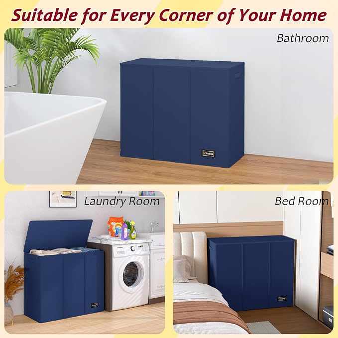 195L Laundry Hamper 3 Section,Large Laundry Hamper with Lid,Dirty Clothes Hamper with 3 Inner Bags,Collapsible Laundry Basket Organizer for Laundry Room,Laundry Sorter Hamper 3 Compartment(Blue)