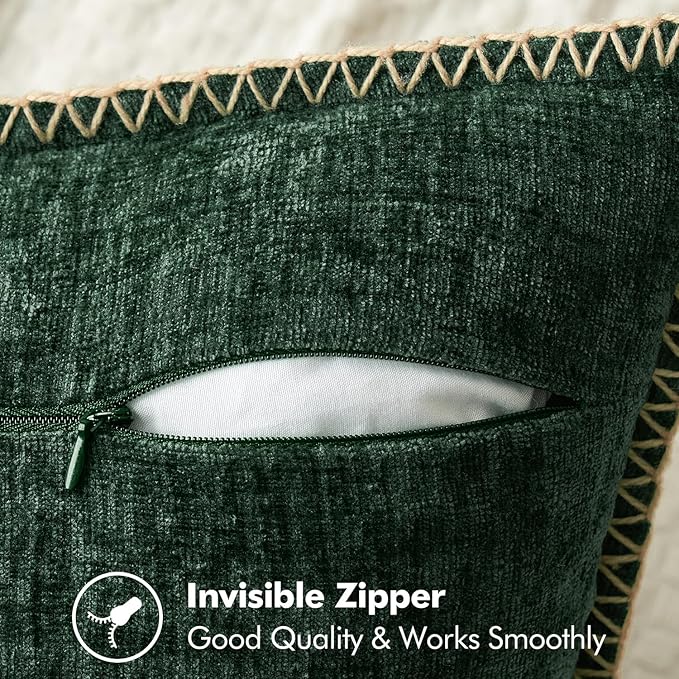 MIULEE Pack of 2 Pillow Covers 18x18 Inch Dark Green Farmhouse Decorative Throw Pillow Covers with Stitched Edge Soft Chenille Solid Dyed Couch Pillow Covers for Sofa Bed Living Room