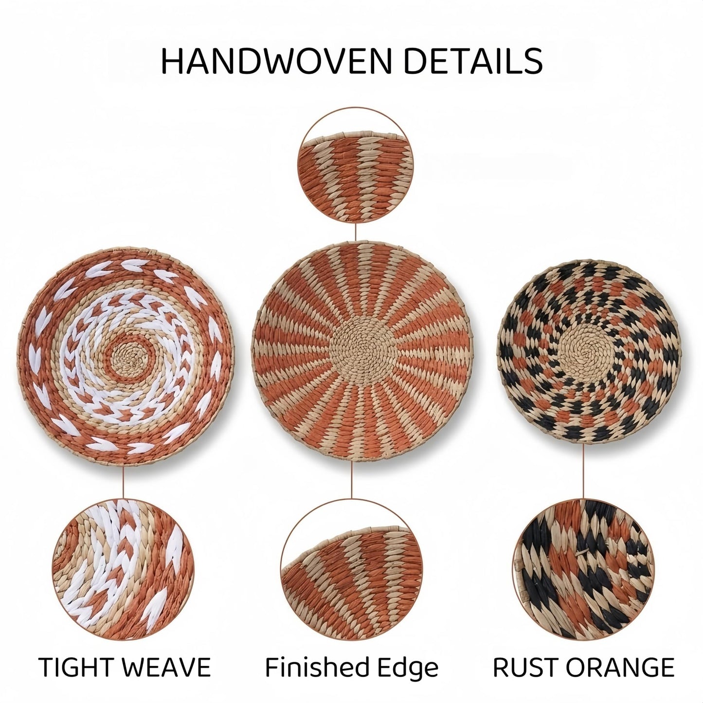 Pwryon Deosur 3PCS Boho Wall Basket Decor – Handmade Bulrush Woven Tray Baskets for Wall Hanging, Rustic Farmhouse Wall Art for Living Room & Bedroom (Orange)